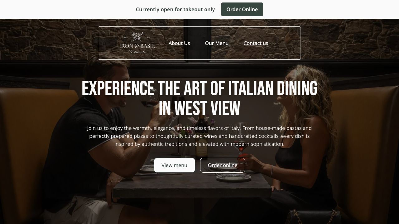 Iron and Basil restaurant website featuring dining photography and bold typography