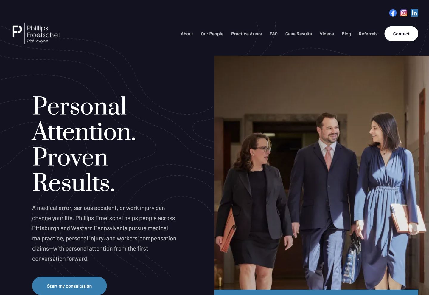 Phillips Froetschel website featuring a navy design, editorial typography, and attorney photography